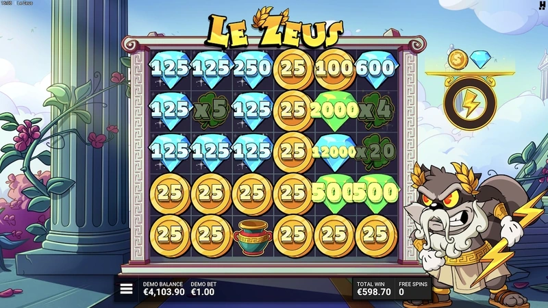 Le Zeus bonus round showing coin values and multipliers across the grid