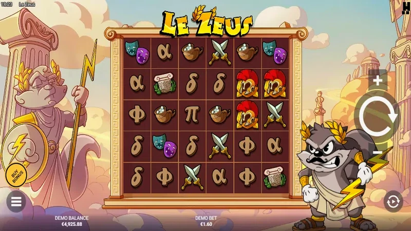 Le Zeus base game with Greek letter symbols and Roman helmet icons on the grid