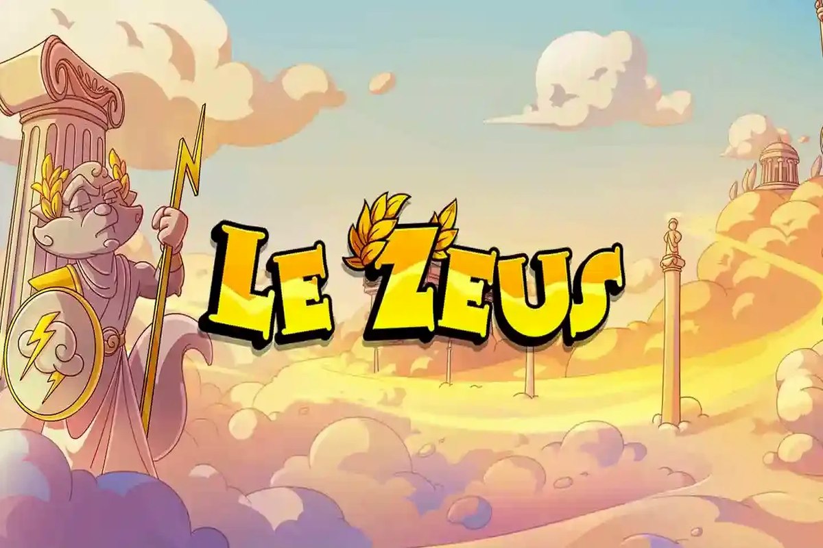 Le Zeus slot game showing 6x5 grid with Greek symbols and Zeus raccoon character